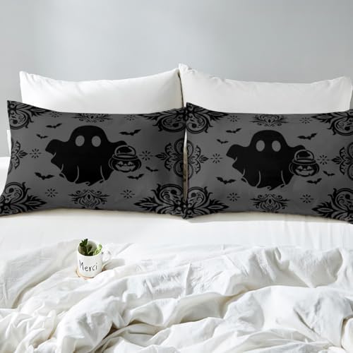 Cute Ghost Bed Sheet Set Kids White Gray Halloween Sheets Set 4pc Bat and Pumpkin Microfiber Soft Bedding Set,1 Flat Sheet,1 Deep Pocket Fitted Sheet,2 Pillow Cases（King Size）
