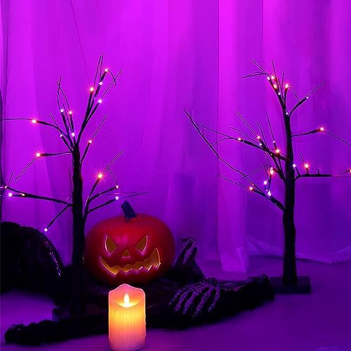 Halloween Decorations Indoor, 2 Pack 2FT Lighted Black Tree with Timer