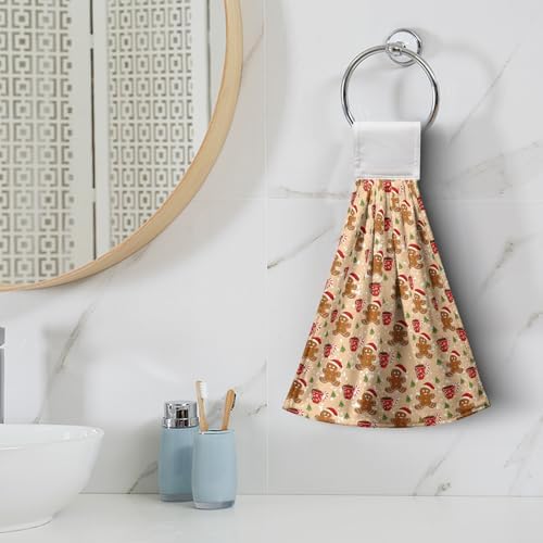 Christmas Gingerbread Man Kitchen Towels with Hanging Loop Candy Cane Hot Cocoa Xmas Tree Hand Towels Set of 2 Orange Bath Towels Winter Holiday Soft Absorbent Fingertip Dish Tie Towel for Bathroom