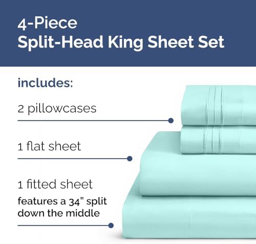 Flex Top Split Head King 4 Piece Sheet Set - Soft & Breathable - Spa Blue