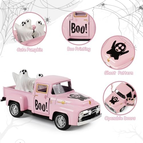 Pink Halloween Truck Decor, Ghost Pickup for Farmhouse Tabletop Decor