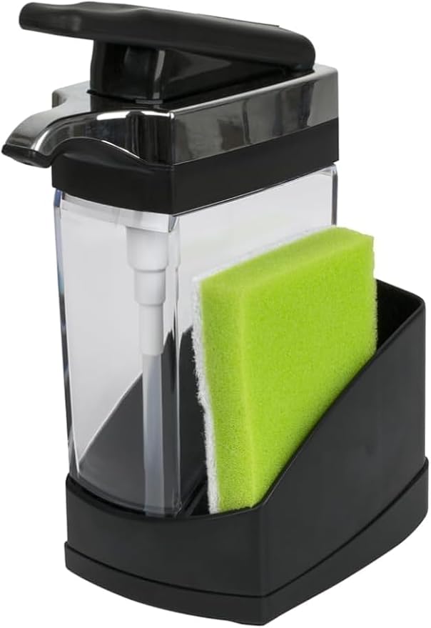 Casabella Sink Sider Solo Kitchen Soap Pump and Sponge Caddy, Black/Chrome - 2-in-1 Soap and Sponge Caddy, One-Hand Soap Dispensing, Easy to Refill and Clean, Efficient Size (Pack of 6)