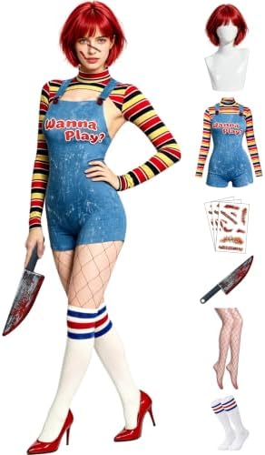 Halloween Chucky Costume for Women Bolero Top Overall Bodysuit Knee-high Socks Scar Tattoos Prop Knife