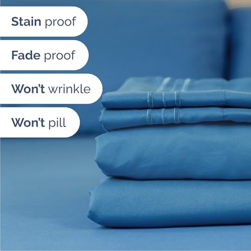 Queen Size 4 Piece Sheet Set - Breathable & Cooling Sheets - Denim Blue