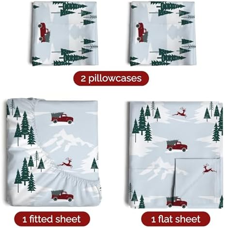 Christmas Sheet Set, Pickup Trucks, Holiday Xmas Bedding Set - Cal King