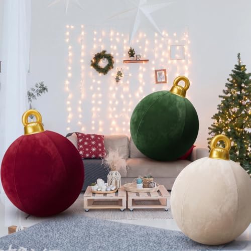 3 Pcs 32 Inch Velvet Christmas Inflatable Balls, Burgundy, Green, Beige