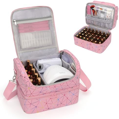 CUBETASTIC Nail Polish Organizer Bag, Double Layer Nail Tech Travel Case Holds 45 Bottles & Full-Size Lamp, Portable Manicure Storage Box for Nail Supplies, Tools & Dip Powder - Pink