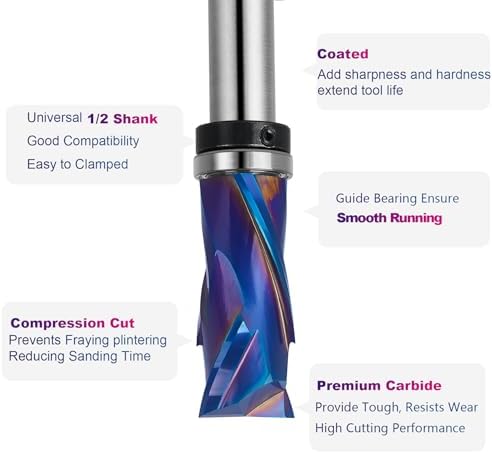 SpeTool Coated Top Bearing Flush Trim Router Bit 1/2" Shank, Carbide Spiral Up-Down Pattern Template Flush Cut Router Bit for Wood Trimming
