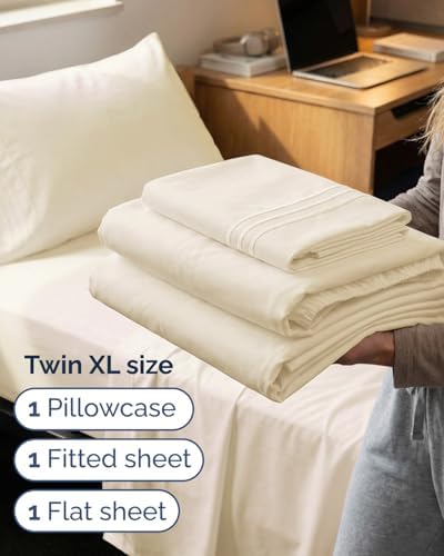 Twin XL Size 3 Piece Sheet Set - Breathable & Cooling Sheets - Off White
