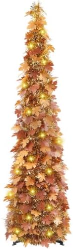 5FT Fall Pop Up Tree with 100 LED Lights, Brown Maple Leaf Tinsel Tree