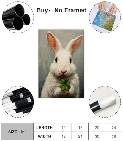 JDBeehpy Easter Rabbit (Unframed, Canvas Only) Canvas Mural Cute White Rabbit Clover Printing Spring Prints Oil Painting Art Style Green Festival Theme Art Prints 16x24inch(40x60cm)