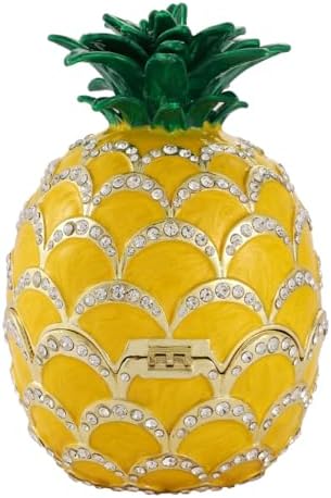 Lucky Pineapple Trinket Boxes Hinged Hand-Painted Jewelry Box with Rhinestones Enamel Fruit Style Ornament Christmas Gift for Women(Yellow)