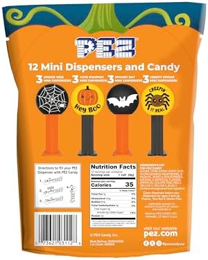 PEZ Candy Mini Halloween Candy Dispensers Trick or Treat Favors, Bag of 12, Orange, 0.32 Ounce (Pack of 4)