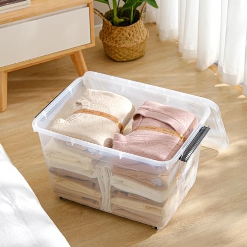 Cetomo 40Qt Plastic Storage Bin with Wheels, Stackable Storage Box with Lid, Organizer, Container for Home, Office, Drom, PP, BPA-Free, Nestable, Clear, 40Quart-4 Pack