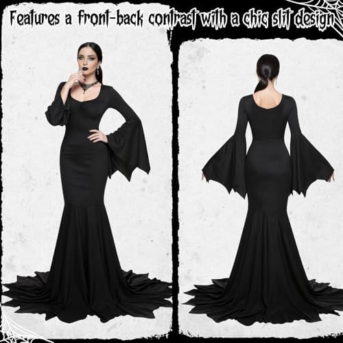Aileam Halloween Morticia Addams Costumes Vintage Gothic Black Long Dress Outfit Women Wig Red Roses Flowers Necklace
