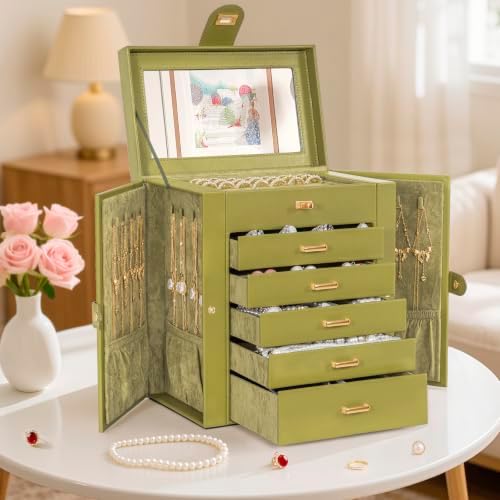 AKOZLIN 6-Tier Jewelry Box Organizer 5 Drawers Storage Medium Green