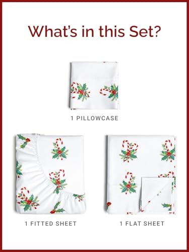 Christmas Sheet Set, Candy Cane Mistletoe, Holiday Xmas Bedding Set - Twin