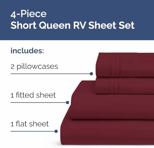 Short Queen Size 4 Piece Bed Sheet Set - RV Short Queen Sheets - Burgundy