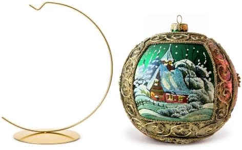 Hand Blown Glass Ball Christmas Ornament, 6 in, Winter Charm Gold