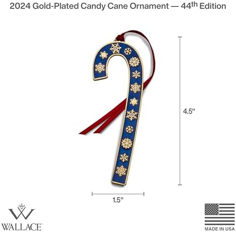 Wallace 2024 Gold-Plated Enamel Candy Cane Ornament 44th Edition - Blue with Gold Snowflakes - Limited Edition Collectible Christmas Tree Ornament with Gift Box