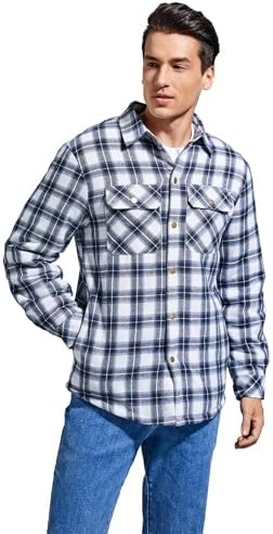 Men's Sherpa Cotton Flannel Shirt Jacket Plaid Button Coat Pocket