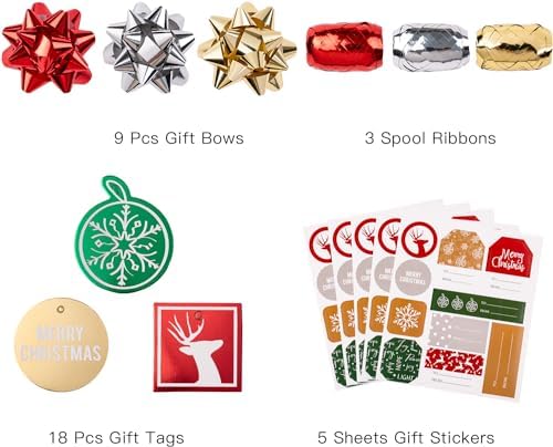 WRAPAHOLIC Christmas Wrapping Paper Set - Red Green Gold and Silver Snowflakes Trees with Metallic Foil Shine Wrapping Paper Bundle with Gift Bow & Ribbon & Tag & Sticker