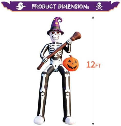 DomKom 12 FT Halloween Inflatables Outdoor Decorations, Giant Skeleton Wizard Blow up with Broom & Pumpkin, Built-in LED Lights for Yard, Lawn, Garden, Party Decor