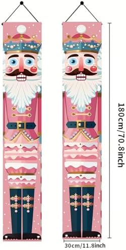 2PCS Christmas Nutcracker Porch Banner Decorations 71 x 12 Inch Pink Nutcracker Soldier Hanging Sign Vertical Holiday Wall Decor for Indoor Fireplace Doorway Winter Party Setup