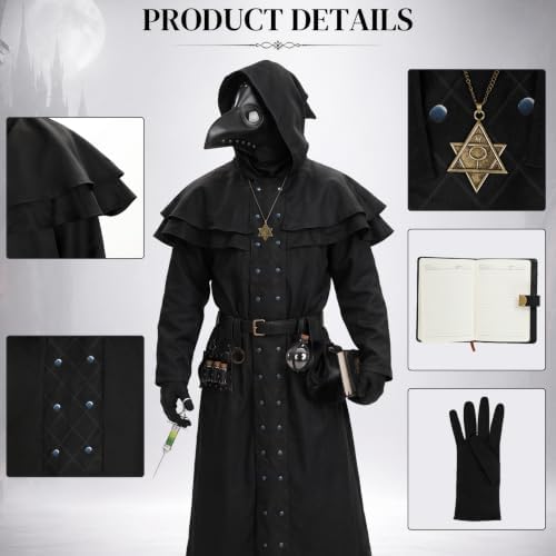 Adult Plague Doctor Costume Set for Men Renaissance Medieval Costumes with Accessories for Halloween Cosplay