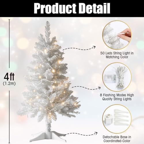 4ft White Mini Artificial Christmas Tree Hinged Design with 100 Battery Powered LED Lights, 202 PVC Tips Small White Xmas Tree for Apartment Corner Office Indoor Holiday Party Decorations