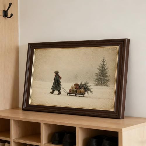 Vintage Child Sled Wrapped Boxes Evergreen Snow Christmas Canvas Wall Art