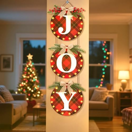Lighted Christmas Joy Door Sign, Wooden Buffalo Plaid Decor with LED Lights