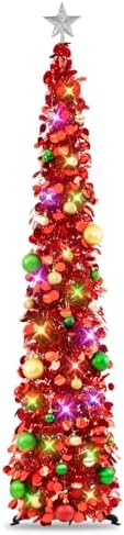 N&T NIETING Pop Up Christmas Tree with Lights & Ornaments, 6FT, Red