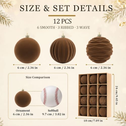 12Pcs Brown Velvet Christmas Ornaments 2.36In Balls for Christmas Tree Deco