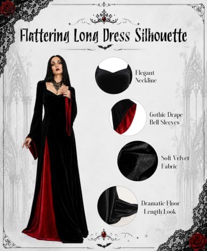 Morticia Addams Costume with Wig Women Halloween Gothic Maxi Dress