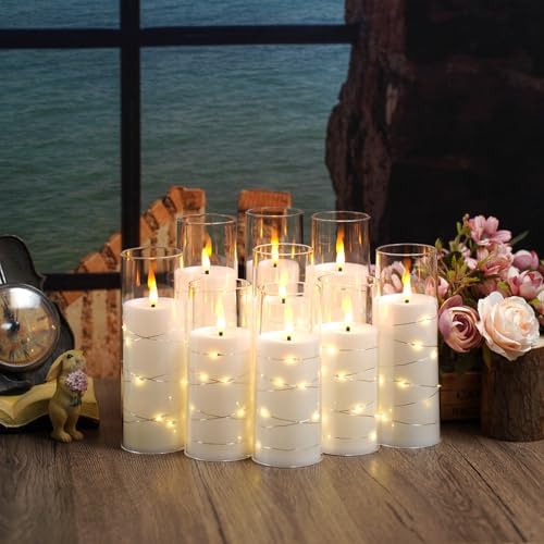 kakoya Flameless LED Candles with Timer 9 Pc Flickering Flameless Candles for Romantic Ambiance and Home Decoration Stable Acrylic Shell,with Embedded Star String，Battery Operated Candles（White）