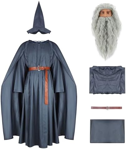 EDAUWAE Wizard Costume with Wigs Beards Pagan Tunic Costume Wizard Cloak Cosplay Grey Robe Hat Full Set Outfits for Adult