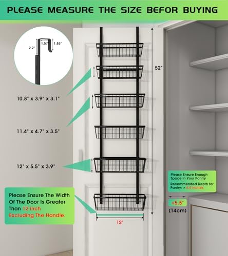 Mefirt 12 Inch Wide Narrow Over The Door Pantry Organizer 6-Tier Black