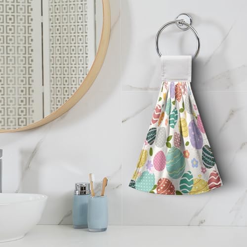 Easter Hanging Dish Towels Easter Colorful Egg Kitchen Towels with Hanging Loop Spring Holiday Hand Towel Soft Absorbent Fingertip Bath Tie Towel for Bathroom Decor Set of 2