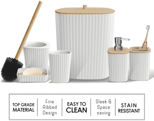 Clara Clark Bathroom Set - White Bathroom Accessories Set, 6PC Bathroom Accessory Set, Bathroom Sets with Bathroom Rugs, Adhesive Corner Shower Caddy Hanging, Toilet Brush, Trash Can & Soap Dispenser