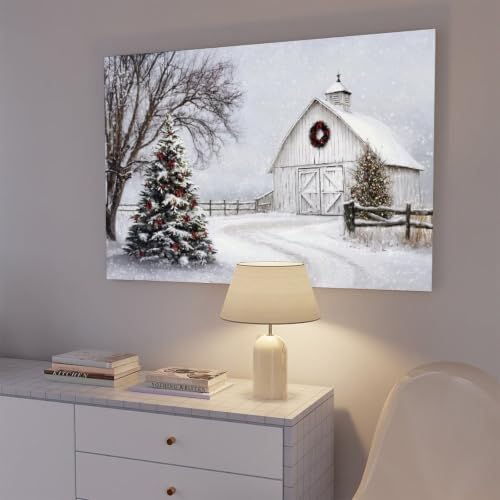 JDBeehpy White Barn Christmas Tree Wreath Oil Painting Unframed 12x18inch