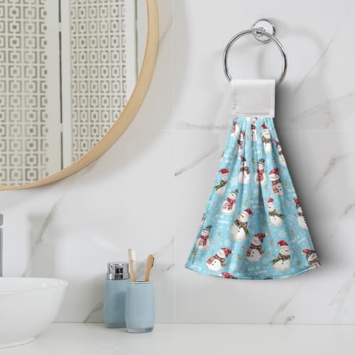 Christmas Winter Snowman Hanging Hand Towels Set of 2 Blue Snowflakes Xmas Holiday Kitchen Towels with Hanging Loop Tea Bar Dish Cloth Towels Soft Absorbent Fingertip Fast Dry Bath Towels