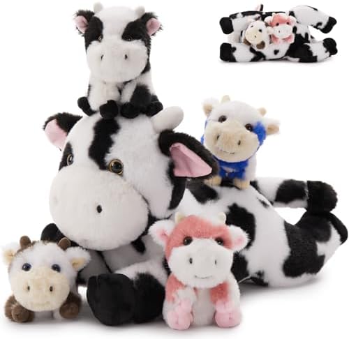 MorisMos Cow Stuffed Animals, 16" Mommy Cow with 4 Babies