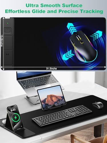 Mouse Pad, Office Desk Mat, Large Gaming Mousepad with Superior Micro-Weave Cloth, XXL Desk Pad with Stitched Edges, Non-Slip Writing Pad for Gamer, Laptop, Work & Home (Black with 20W PD Charger)