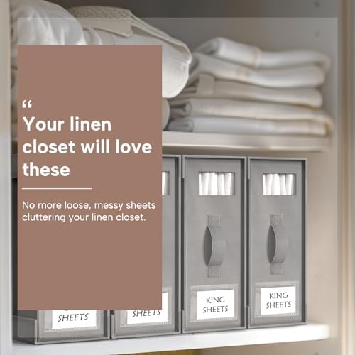 Criusia Bed Sheet Organizers and Storage, 8 Pack Foldable Linen Closet Organizer Box – Bedding Holder for Sheet Set (King/Queen Sizes), Duvet Covers, Blankets (Grey)