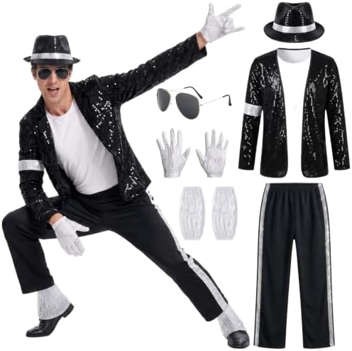 Men's 80s 90s Pop Star Costume, 7-Piece Halloween Dance Stage Outfit