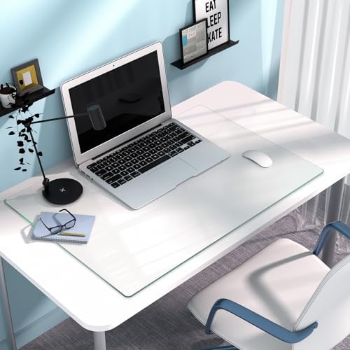 Tempered Glass Desk Pad to Protect Desk, 18" x 24" Clear Office Desk Pad for Keyboard and Computer Monitor, Glass Desk Mat for Desktop Dry Erase