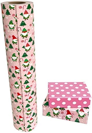 WRAPAHOLIC 30 Inch Jumbo Reversible Gnome Christmas Wrapping Paper - 30 Inch x 100 Feet Jumbo Roll Red Green Gnome Wrapping Paper and Pink White Polka Dots for Christmas, Holiday, Party