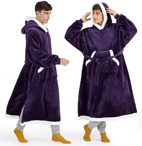 Bedsure Wearable Blanket Hoodie, Long Hooded Blanket Sweatshirt as Christmas Birthday Gifts for Men, Cozy Sherpa Hoodie for Adult, Oversize, Dark Purple