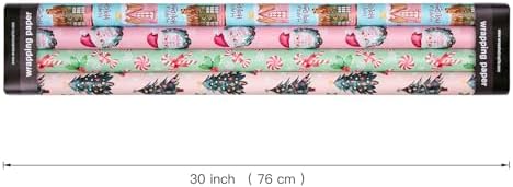 WRAPAHOLIC 30 Inch Christmas Wrapping Paper Roll - Jumbo Roll Pink Gingerbread House, Santa Claus, Christmas Tree and Candy Cane Design - 4 Rolls - 30 Inch x 120 Inch Per Roll